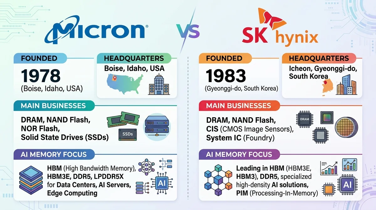 对比 Micron 与 SK hynix 的公司基本信息,包括成立年份、总部、主营业务、AI 内存重点