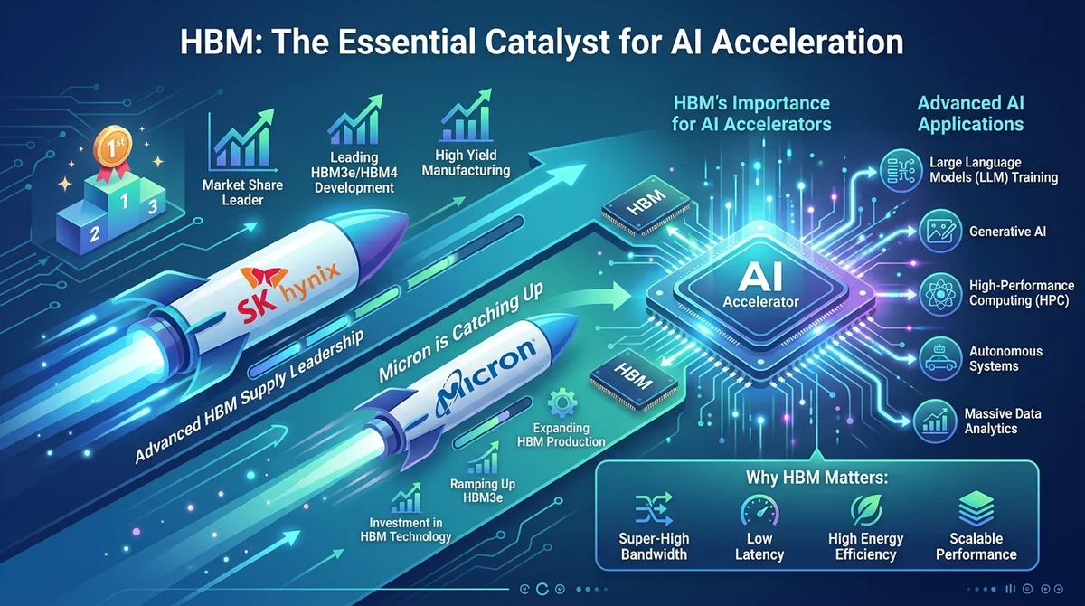展示 SK hynix 在先进 HBM 供应中领先,Micron 正在追赶,同时标注 HBM 对 AI 加速器的重要性