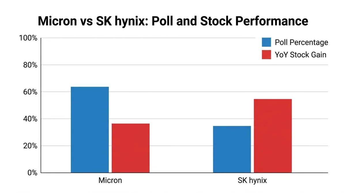 Wide 16:9 horizontal comparison bar chart, two groups of bars for poll percentage and YoY stock gain, x-axis labels 'Micron'