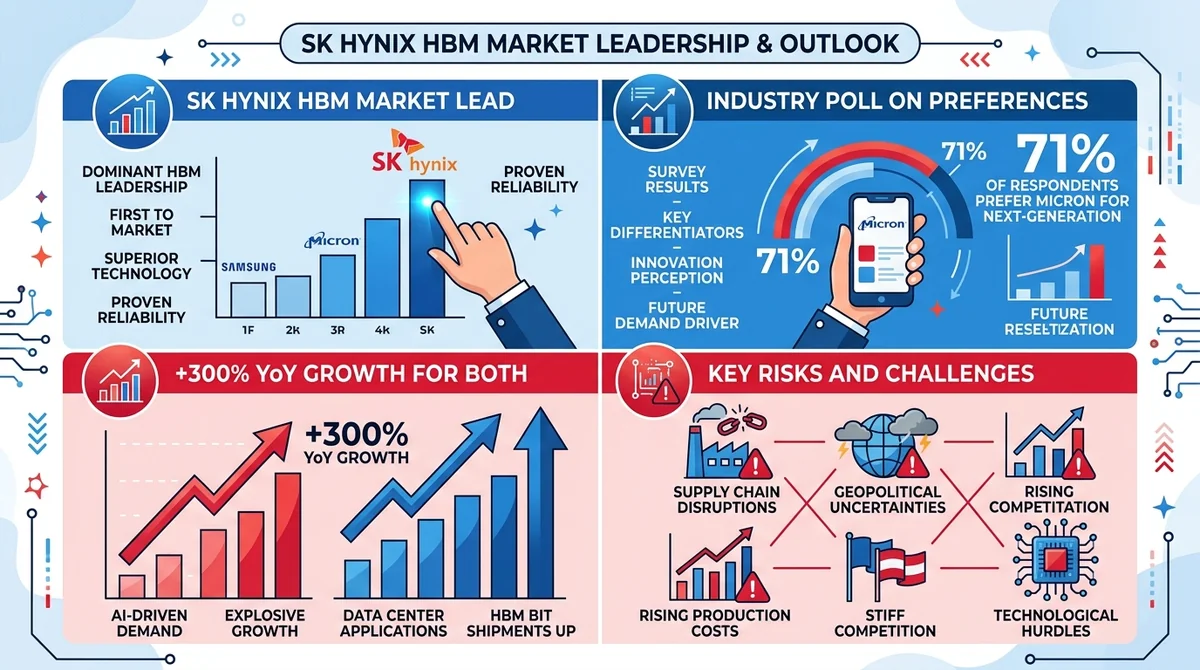 Wide 16:9 horizontal infographic, four quadrants with flat icons, English titles and labels summarizing SK hynix HBM lead, Mi