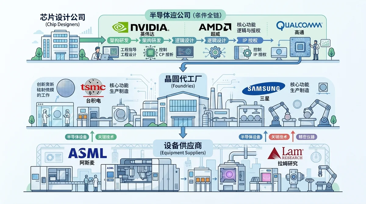 全球半导体产业链三层分工全景信息图:清晰展示 Chip Designers(Nvidia, AMD, Qualcomm)、Foundries(TSMC, Samsung)、Equipment Suppliers(ASML, Lam Research)
