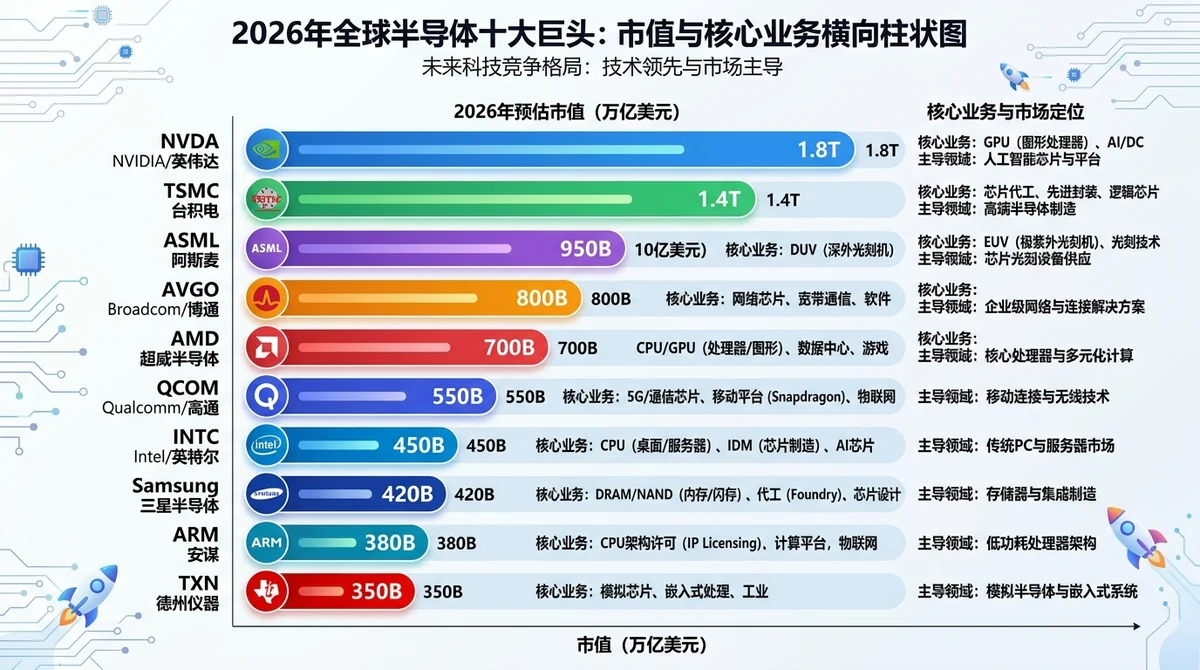 2026年十大半导体龙头股市值与核心业务横向柱状对比图,标注 NVDA、TSMC、ASML、AVGO、AMD 等公司的市场定位与主导领域。