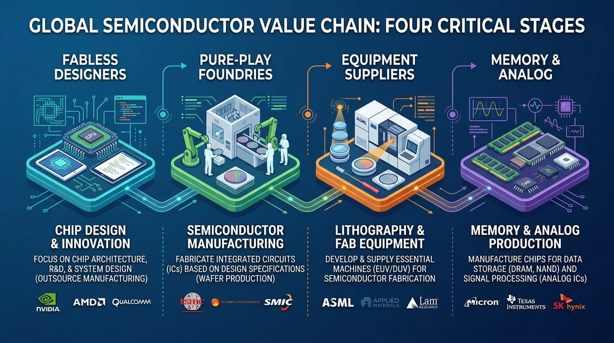 Wide 16:9 horizontal infographic diagram mapping the 4 stages of the Global Semiconductor Value Chain: Fabless Designers (NVD