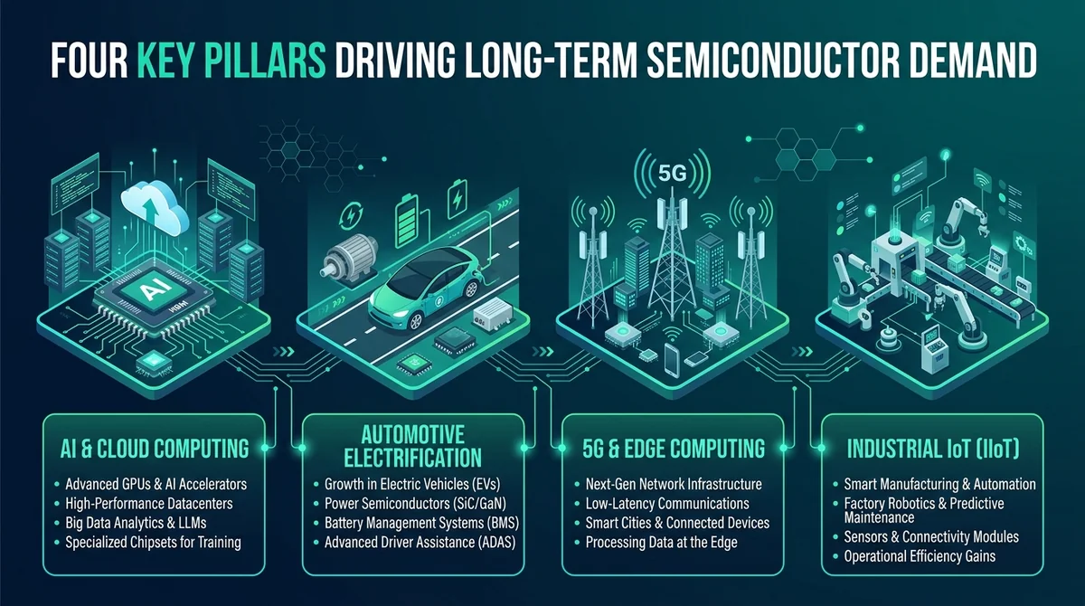 Wide 16:9 horizontal infographic displaying four key pillars driving long-term semiconductor demand: AI & Cloud Computing, Au