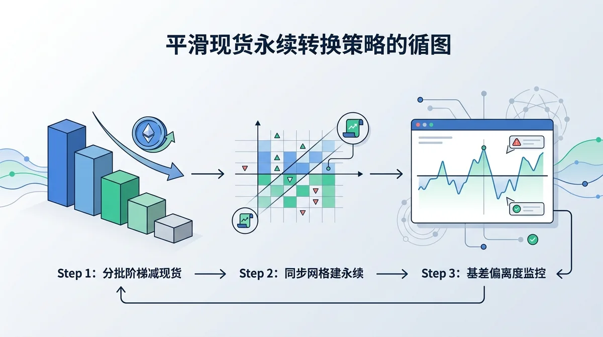 平滑现货永续转换策略执行流程图：展示分批阶梯减现货、同步网格建永续及基差偏离度监控的三步闭环流程