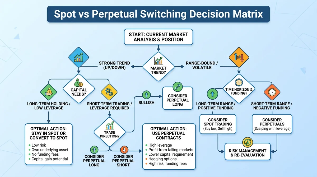 Wide 16:9 horizontal infographic diagram, clear decision tree flowchart with modern vector nodes, titled 'Spot vs Perpetual S