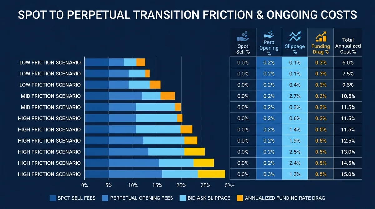 Wide 16:9 horizontal comparison bar chart and table, titled 'Spot to Perpetual Transition Friction & Ongoing Costs', showing