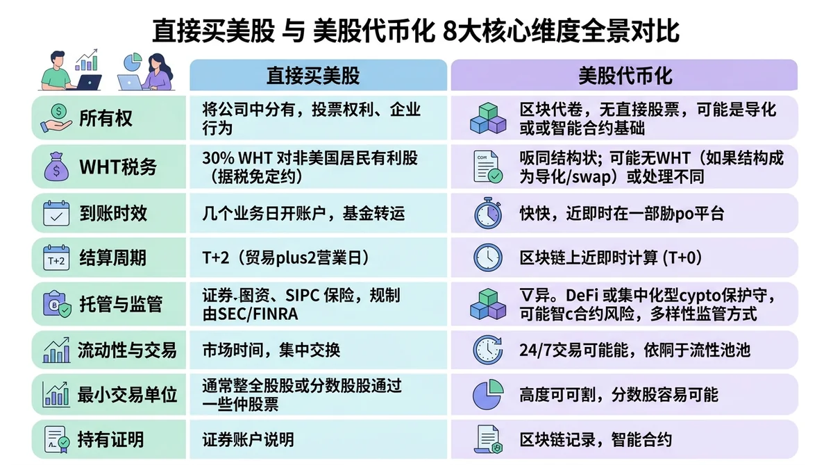 直接买美股与美股代币化8大核心维度（所有权、WHT税务、到账时效、结算周期、托管与监管）全景对比表格图