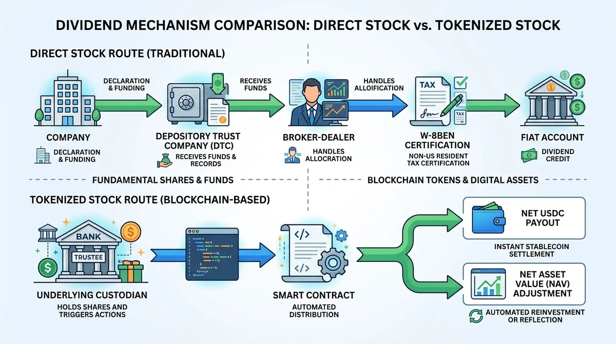 Wide 16:9 horizontal flow diagram infographic comparing two dividend mechanisms side by side. Top track shows 'Direct Stock R