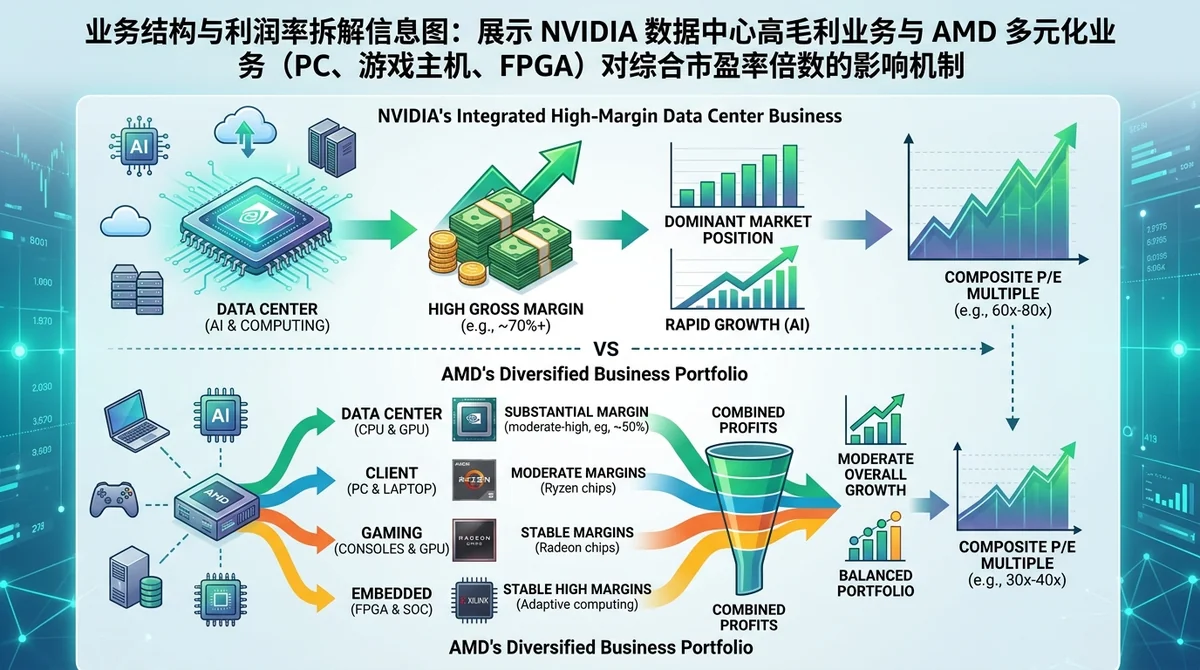 业务结构与利润率拆解信息图:展示 NVIDIA 数据中心高毛利业务与 AMD 多元化业务(PC、游戏主机、FPGA)对综合市盈率倍数的影响机制