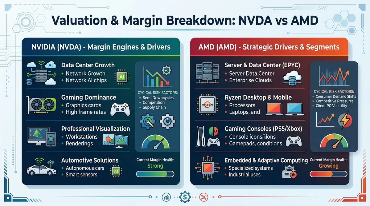 Wide 16:9 horizontal corporate infographic, two-column comparative layout with contrasting cards for NVIDIA and AMD, clean ve