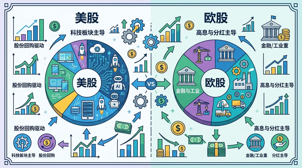 美股与欧股行业权重结构分布与股东回报模式对比信息图,展示美股科技板块主导与股份回购驱动,对比欧股金融工业高息与分红主导的特征。