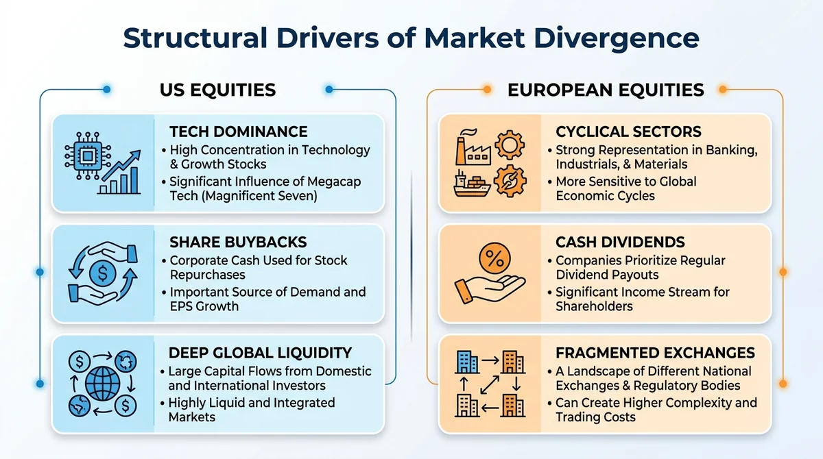 Wide 16:9 horizontal financial infographic diagram comparing structural drivers between US and European equity markets. Two s