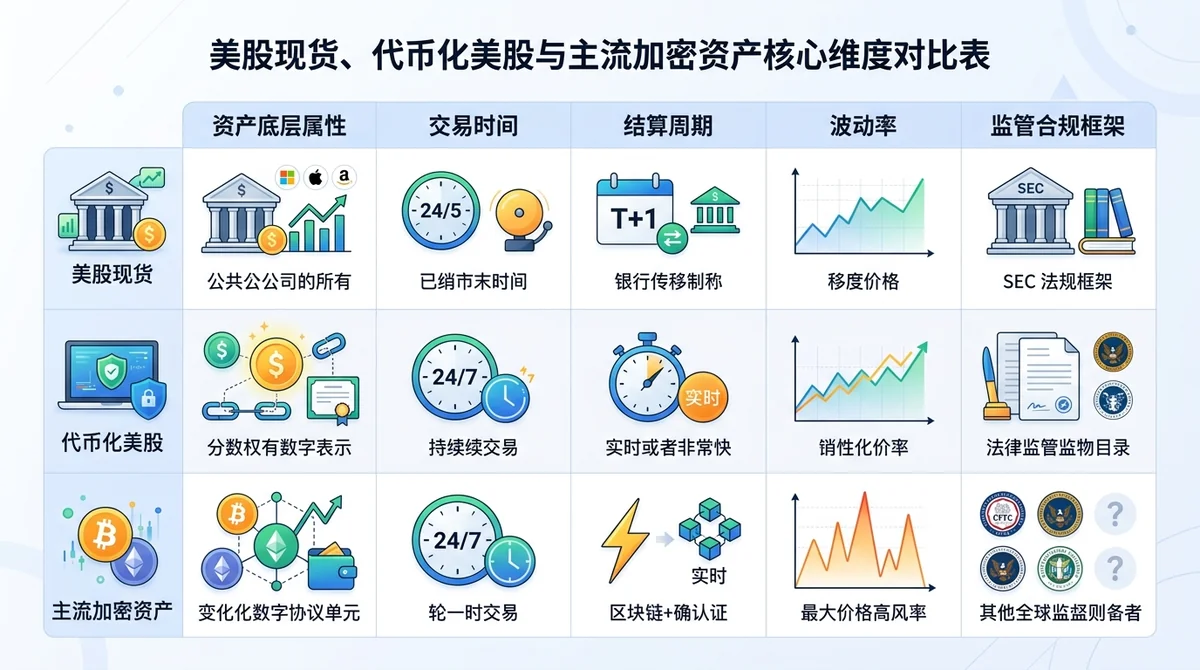 美股现货、代币化美股与主流加密资产核心维度对比表,详细横向对比资产底层属性、交易时间(24/5 vs 24/7)、结算周期(T+1 vs 实时)、波动率及监管合规框架