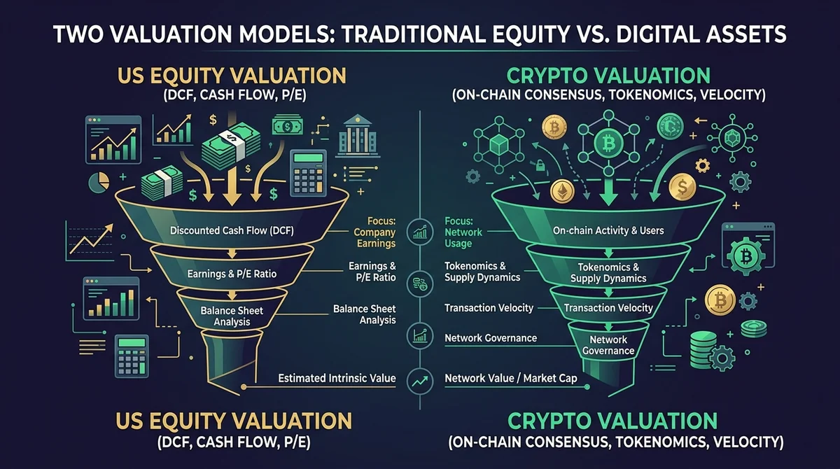 Wide 16:9 horizontal conceptual financial diagram, showing two distinct valuation funnels side-by-side: left funnel labeled '