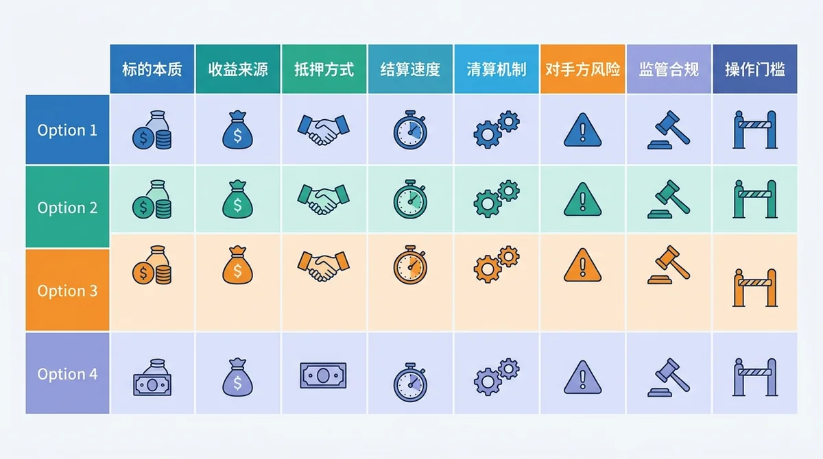 8大核心维度对比矩阵表格图:横向对比标的本质、收益来源、抵押方式、结算速度、清算机制、对手方风险、监管合规与操作门槛