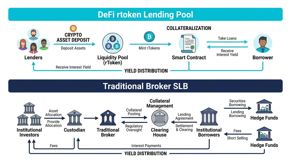 Wide 16:9 horizontal infographic flowchart, two parallel process diagrams labeled 'DeFi rtoken Lending Pool' on top in cyan a