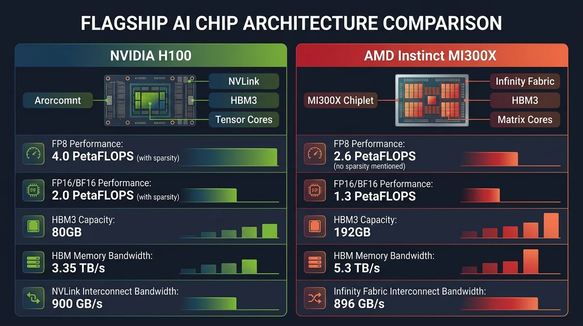 NVIDIA 与 AMD 旗舰 AI 芯片硬件架构参数横向对比图表,展示 FP8/FP16 算力、HBM 内存容量、内存带宽以及互连带宽(NVLink vs Infinity Fabric)的具体数值对比。