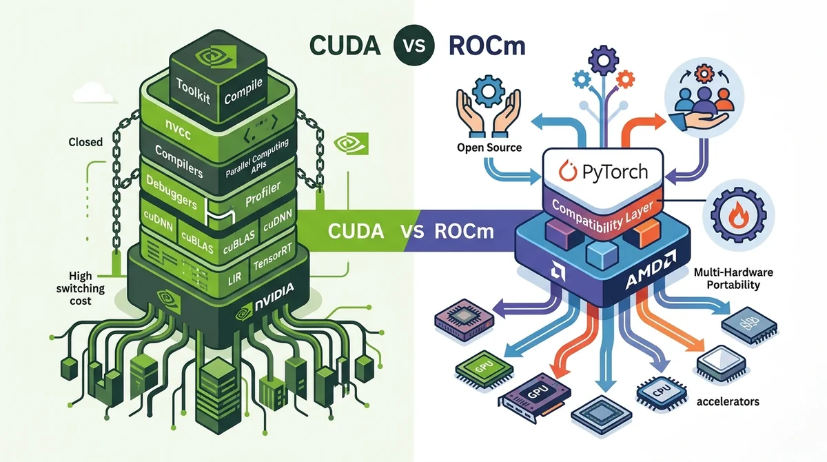 CUDA 与 ROCm 软件生态对比信息图:左侧展现 CUDA 封闭而成熟的开发者工具链、原生库支持与高切换成本;右侧展现 ROCm 开源生态、PyTorch 兼容层与多硬件可移植性路径。