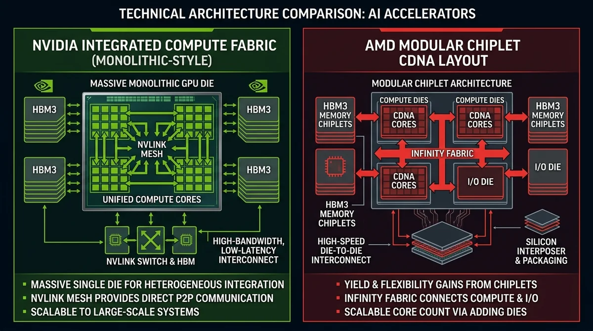 Wide 16:9 horizontal technical comparison chart comparing AI accelerator architectures. Two structured columns side-by-side: