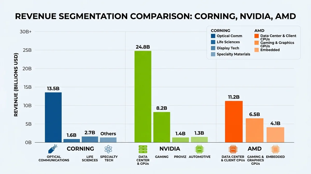 Bar chart comparing revenue segments of Corning, Nvidia, and AMD, showing optical fiber, data center GPUs, and CPUs/GPUs resp