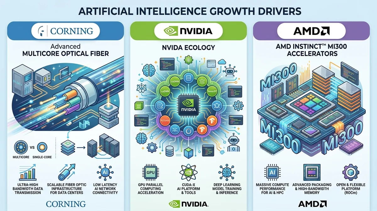 Infographic showing AI growth drivers for each company: Corning's multicore fiber, Nvidia's CUDA ecosystem, AMD's MI300 accel