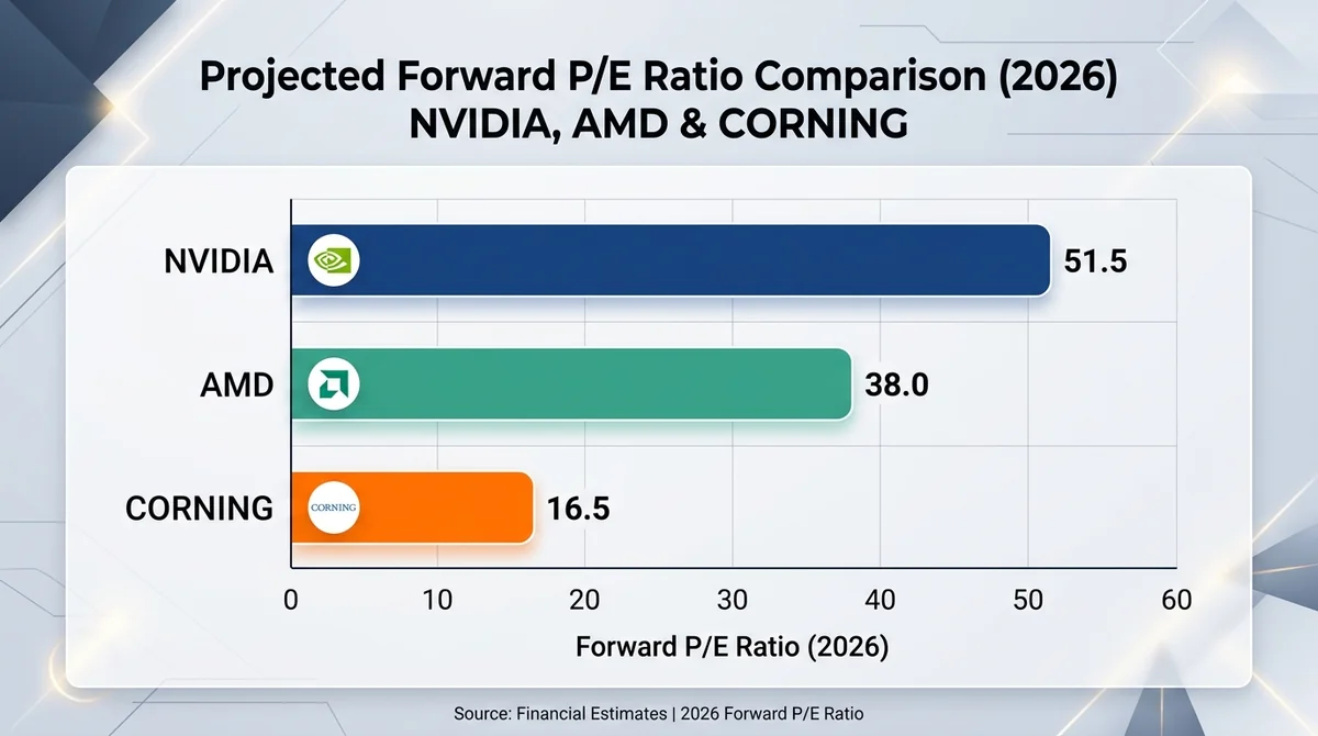 Wide 16:9 horizontal bar chart comparing forward P/E ratios of Corning, Nvidia, and AMD in 2026, three bars with distinct col