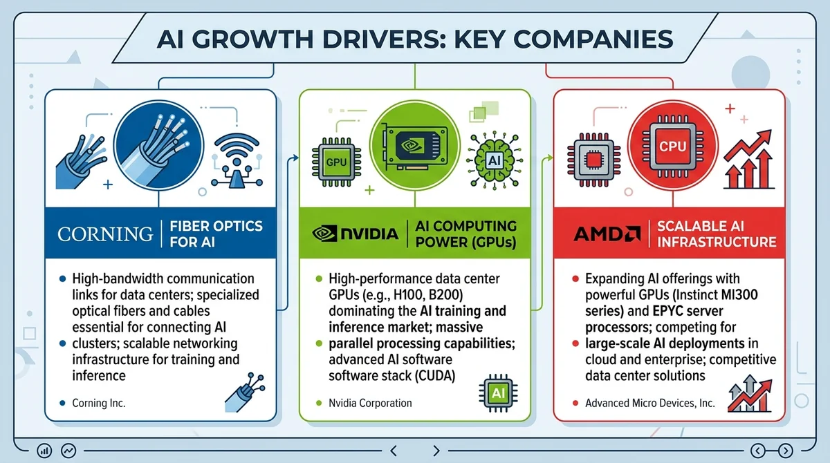 Wide 16:9 horizontal infographic, three sections for Corning, Nvidia, and AMD, each with an icon and short English descriptio