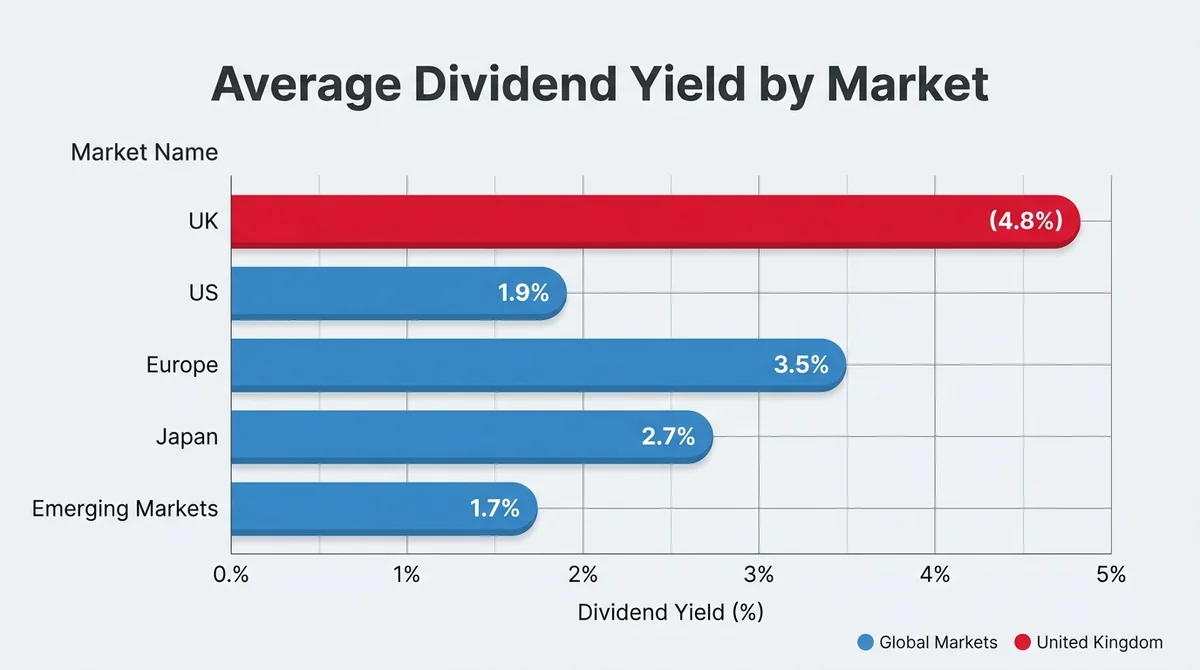 Wide 16:9 horizontal bar chart, x-axis shows dividend yield percentage, y-axis lists market names (UK, US, Europe, Japan, Eme
