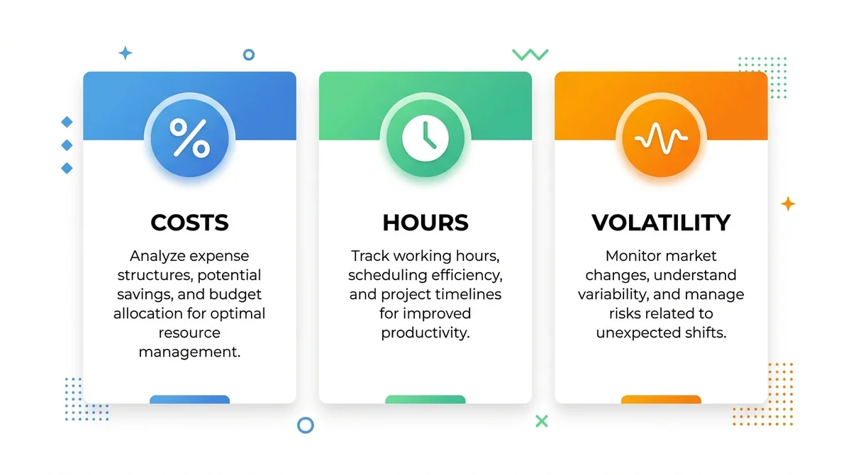 Wide 16:9 horizontal infographic with three equal columns, each column has a simple icon (percentage sign, clock, wave), bold