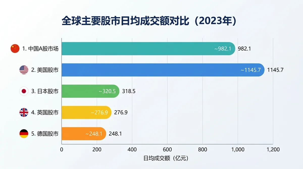 中国A股市场日均成交额与全球主要市场对比柱状图