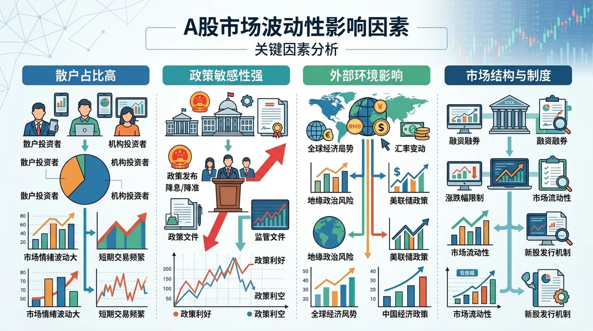 A股市场波动性影响因素信息图:展示散户占比、政策敏感性等关键因素