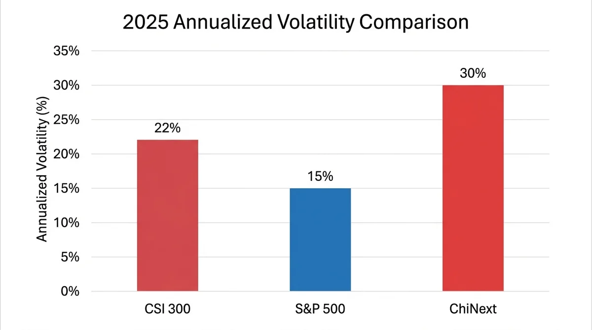 Bar chart with three vertical bars labeled 'CSI 300', 'S&P 500', 'ChiNext', values 22%, 15%, 30%, y-axis 'Annualized Volatili