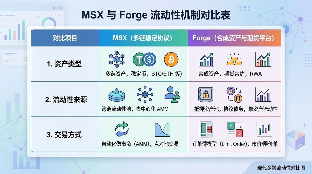MSX 与 Forge 流动性机制对比表,包含资产类型、流动性来源和交易方式
