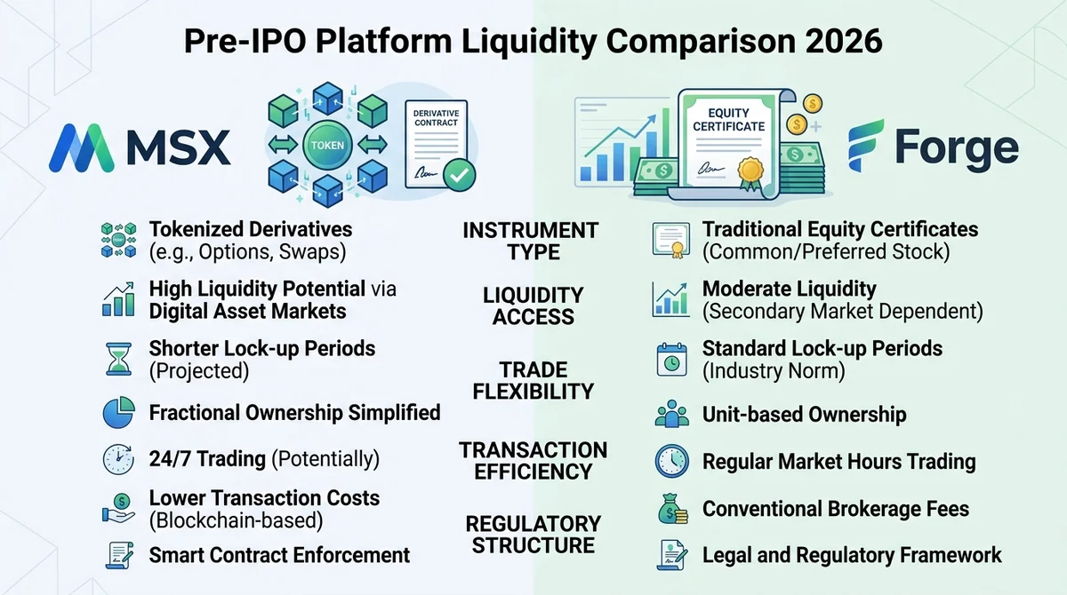 Pre-IPO Platform Liquidity Comparison 2026: Exit Mechanisms and Pricing Differences Between MSX and Forge