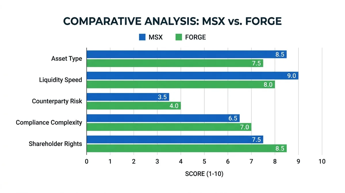 Horizontal bar chart comparing MSX and Forge across five attributes: asset type, liquidity speed, counterparty risk, complian