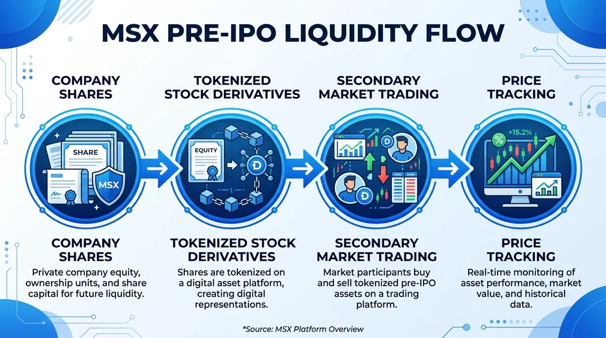 Wide 16:9 horizontal infographic showing MSX Pre-IPO liquidity flow: company shares icon → tokenized stock derivatives icon →