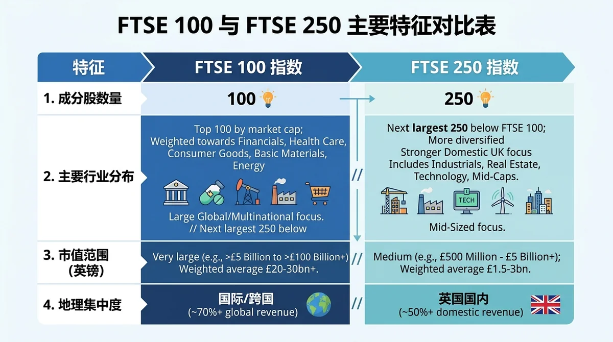 FTSE 100 与 FTSE 250 主要特征对比表,包括成分股数量、行业分布、市值范围