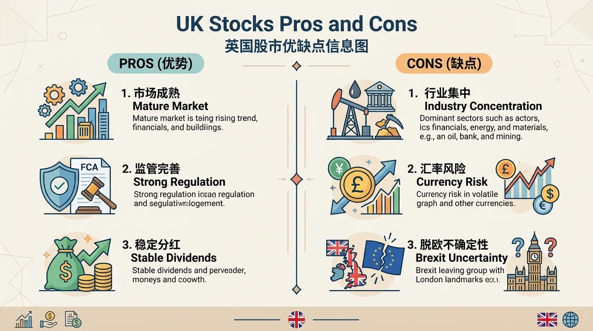 UK stocks 优缺点信息图:左侧列出优势(市场成熟、监管完善、稳定分红),右侧列出缺点(行业集中、汇率风险、脱欧不确定性),用图标辅助