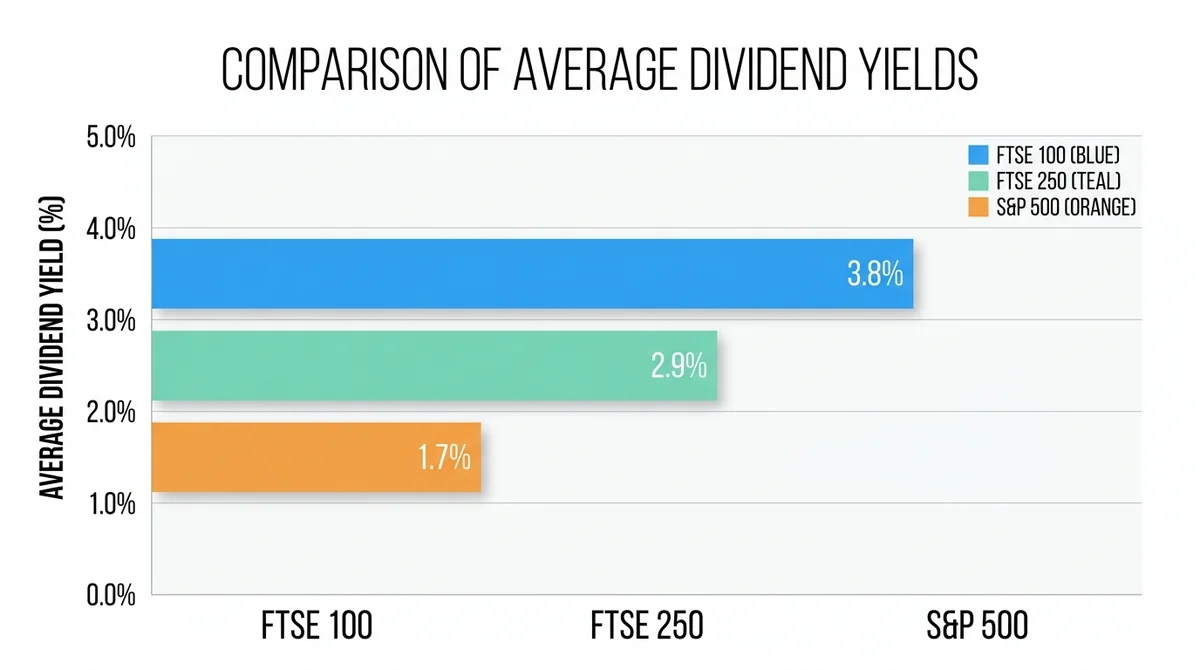 Wide 16:9 horizontal bar chart, comparing average dividend yields of FTSE 100, FTSE 250, and S&P 500, clean flat design, Engl