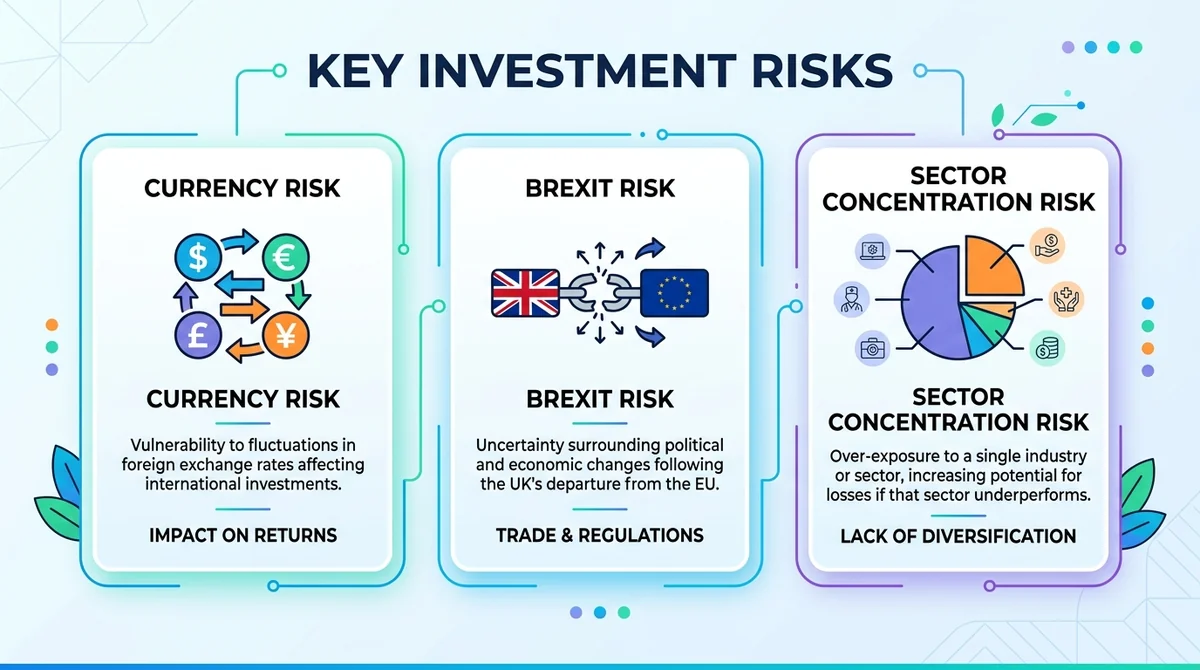 Wide 16:9 horizontal infographic, three risk icons (currency, Brexit, sector concentration) with short English descriptions,