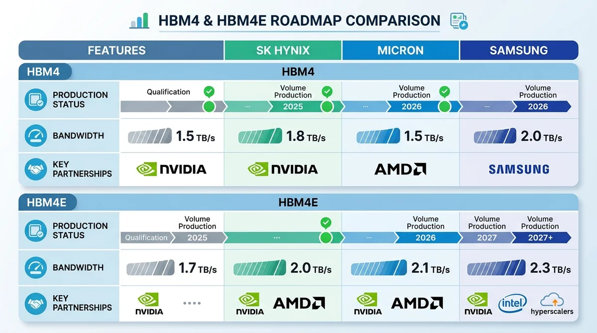 Comparison table of HBM4 and HBM4E roadmap for SK Hynix, Micron, and Samsung, showing production status, bandwidth, and key p