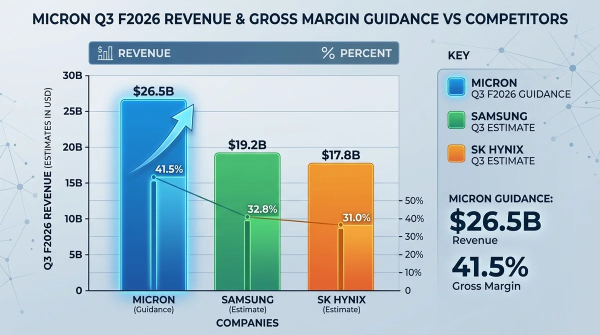 Bar chart comparing Micron's Q3 fiscal 2026 revenue and gross margin guidance against SK Hynix and Samsung estimates, highlig