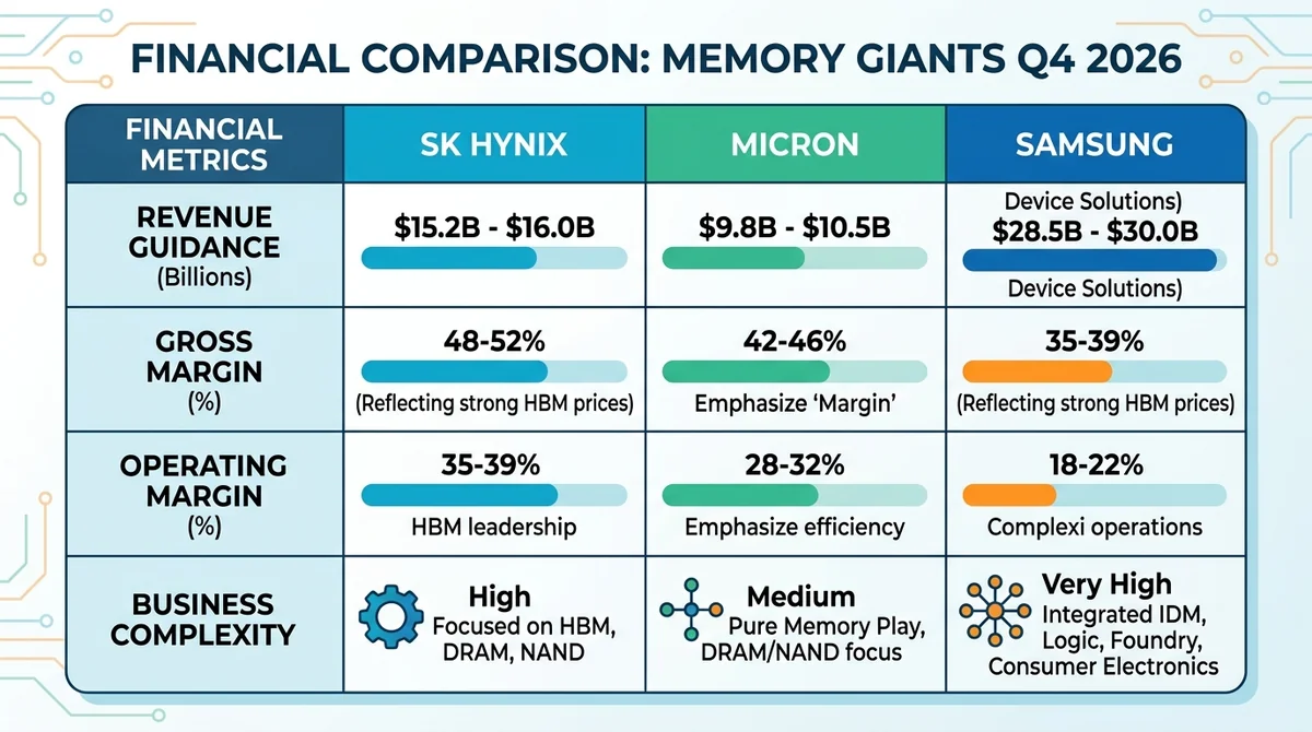 Wide 16:9 horizontal table, three columns for SK Hynix, Micron, Samsung, rows for revenue guidance, gross margin, operating m