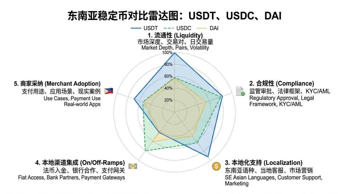 USDT、USDC、DAI在东南亚的流通性、合规性、本地化支持对比雷达图