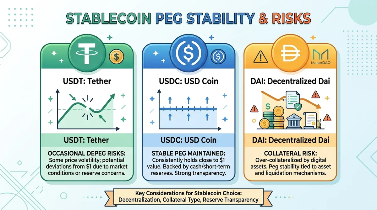 Wide 16:9 horizontal infographic, three columns for USDT, USDC, DAI, each with an icon representing peg stability (occasional