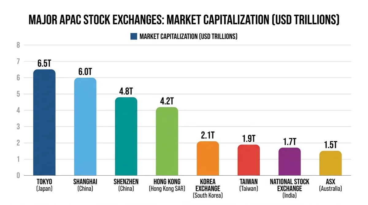 Bar chart comparing market capitalization of major APAC stock exchanges: Tokyo, Shanghai, Shenzhen, Hong Kong, ASX, Korea Exc