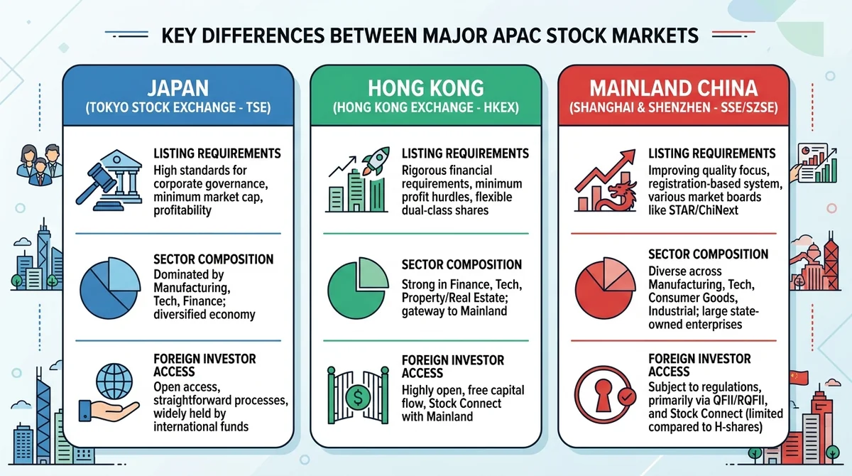 Infographic summarizing key differences between major APAC stock markets: listing requirements, sector composition, foreign i