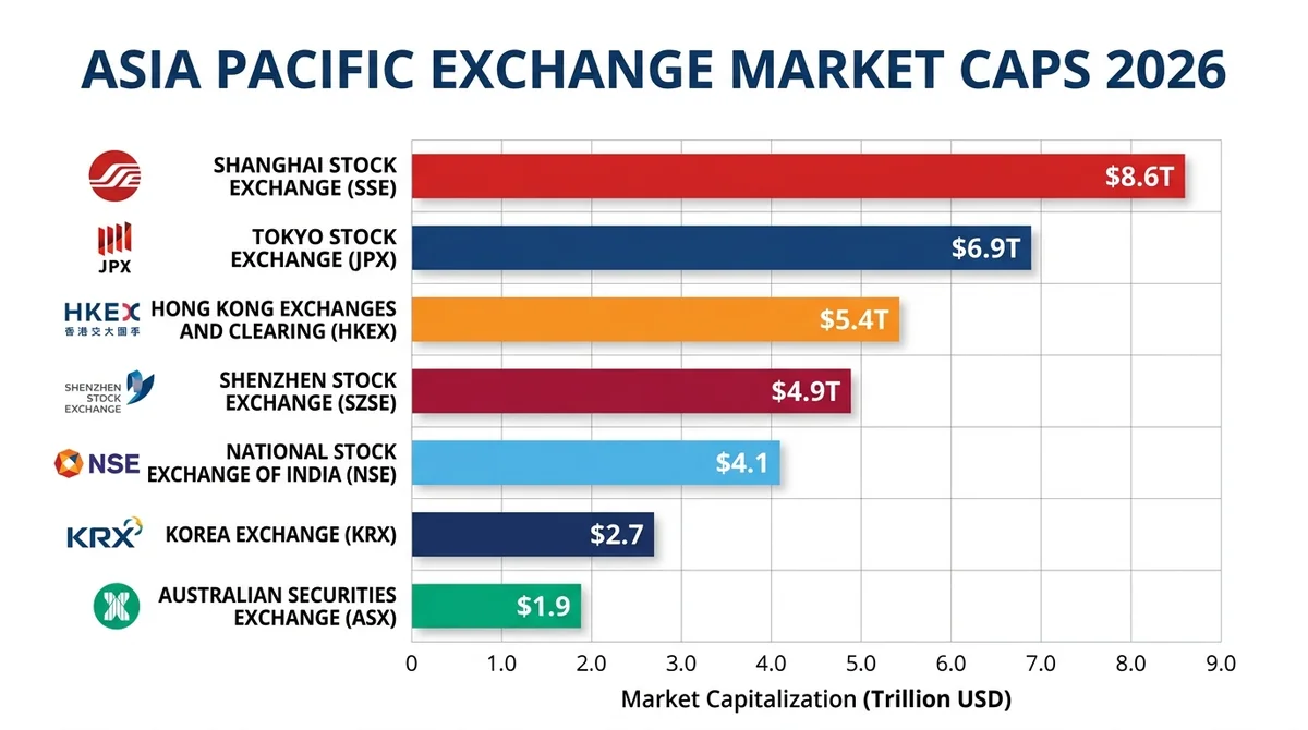 Wide 16:9 horizontal bar chart, x-axis labeled 'Market Capitalization (Trillion USD)', y-axis with exchange names, bars in br