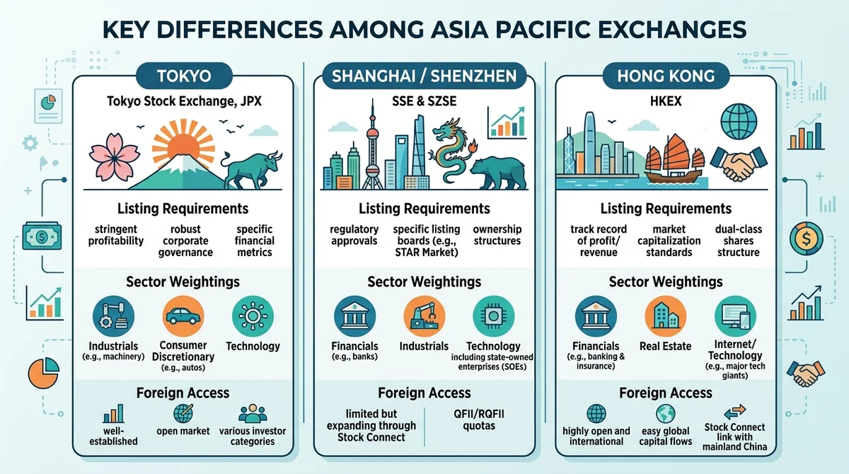 Square infographic, three columns for Tokyo, Shanghai/Shenzhen, Hong Kong, each with icons and short English labels for listi